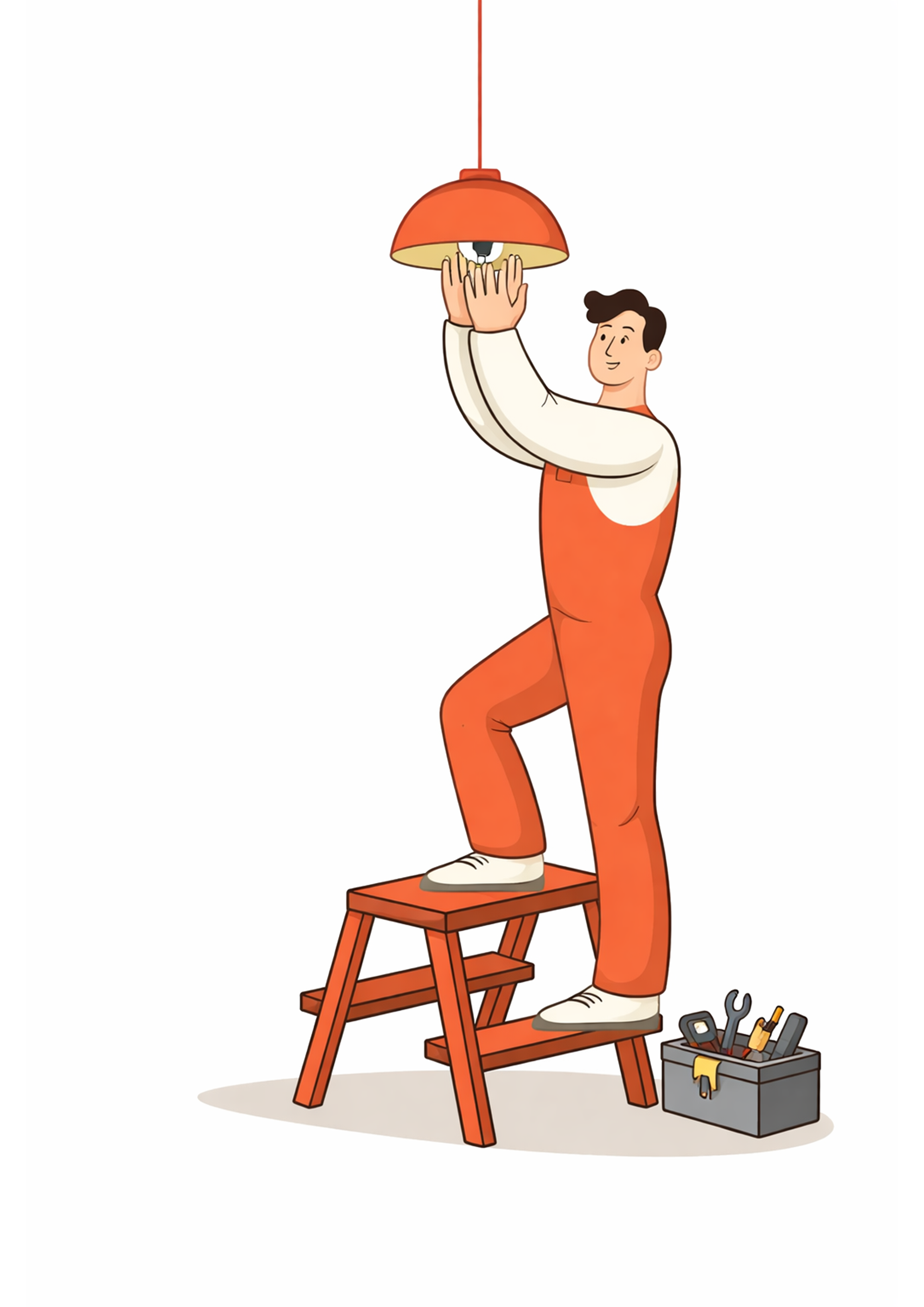 Elektryk na drabinie montuje lampę